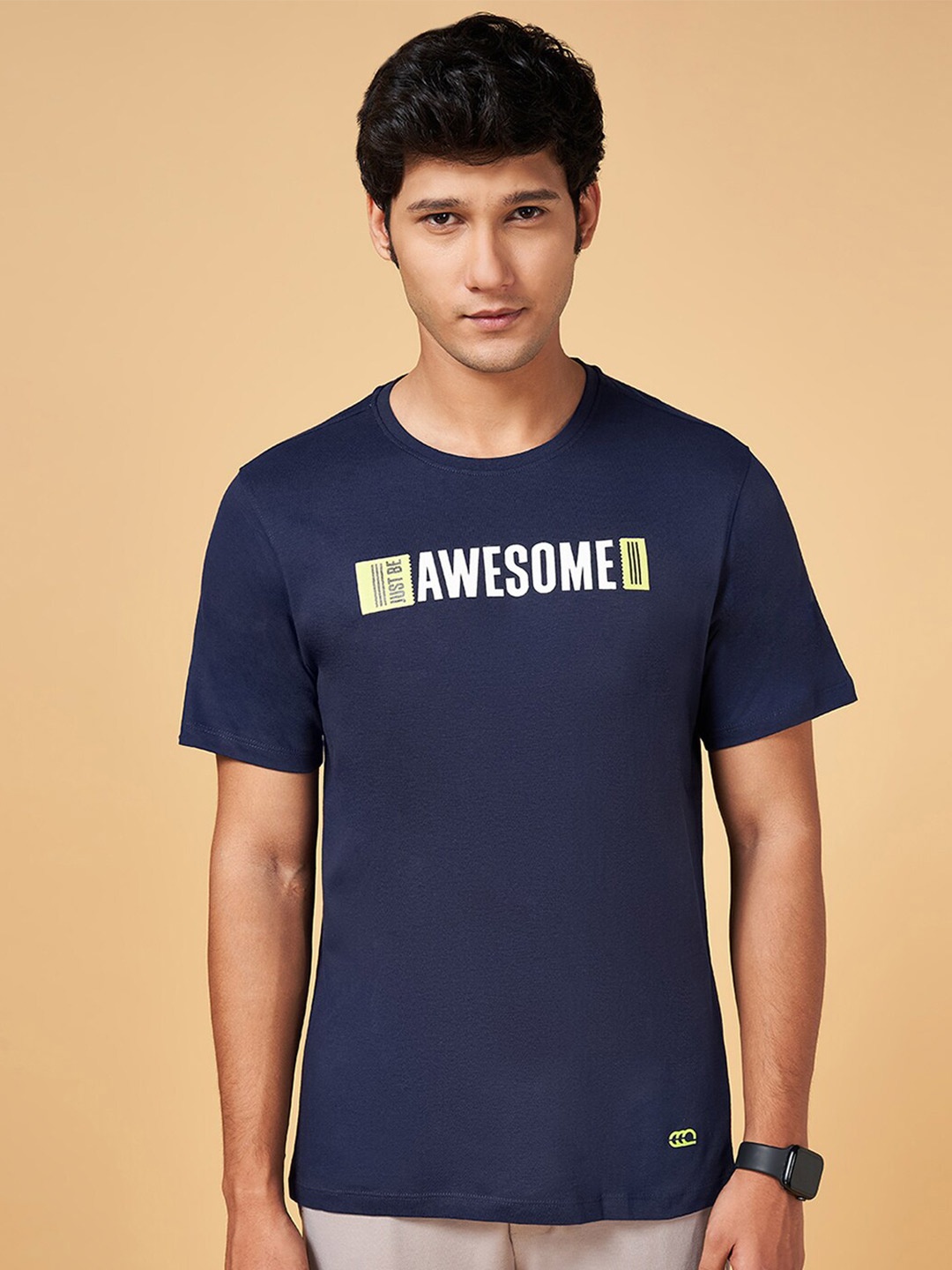 Ajile by Pantaloons Typography Printed Slim Fit Cotton T-shirt, Navy blue