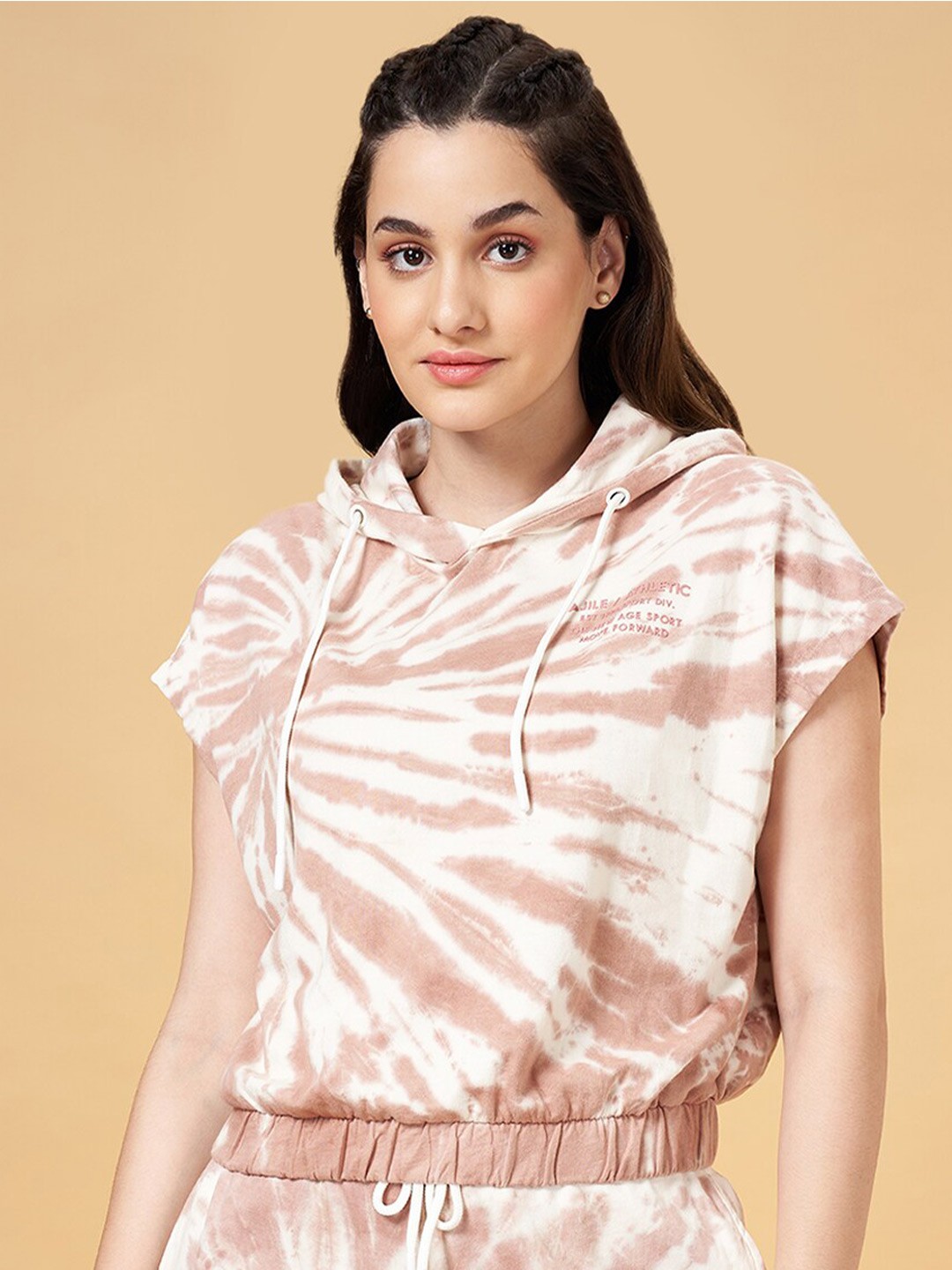 

Ajile by Pantaloons Dyed Hooded Extended Sleeves Cotton T-Shirt, Beige