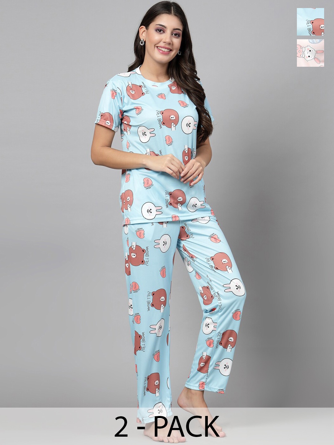 

KALINI Pack Of 2 Graphic Printed Pure Cotton T-Shirt With Pyjama, Blue