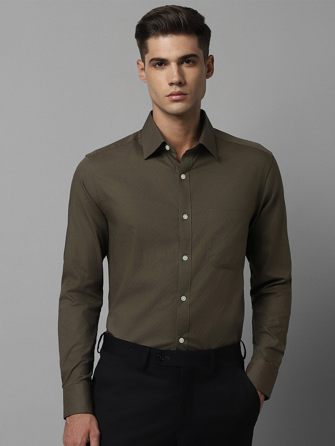 

Louis Philippe Spread Collar Pure Cotton Formal Shirt, Olive