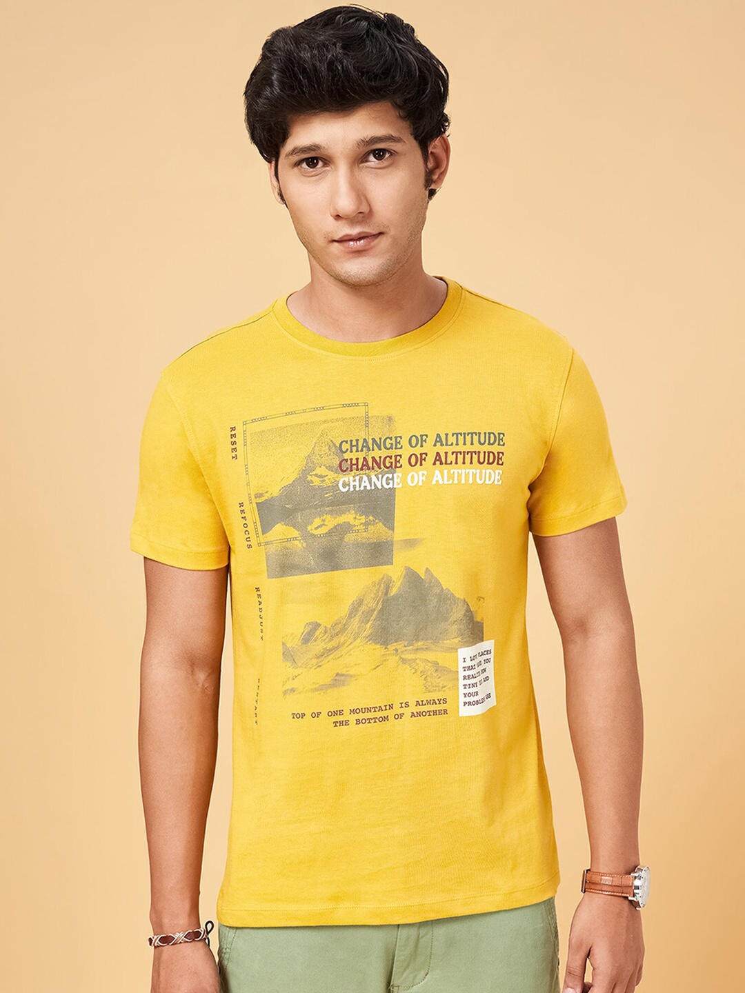 Urban Ranger by pantaloons Printed Slim Fit Cotton T-shirt, Mustard