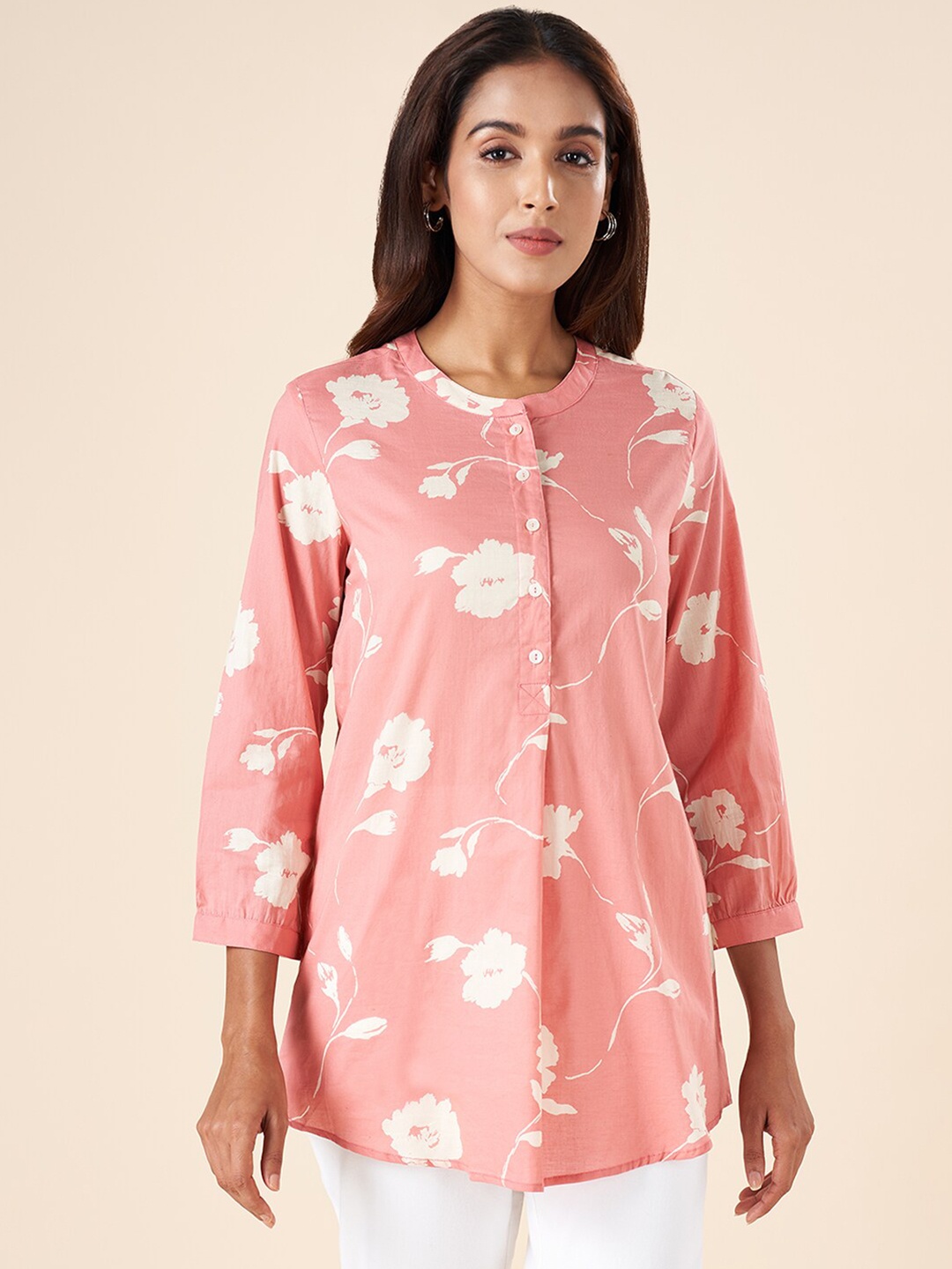 

AKKRITI BY PANTALOONS Floral Printed Puff Sleeves Cotton Casual Tunic, Coral