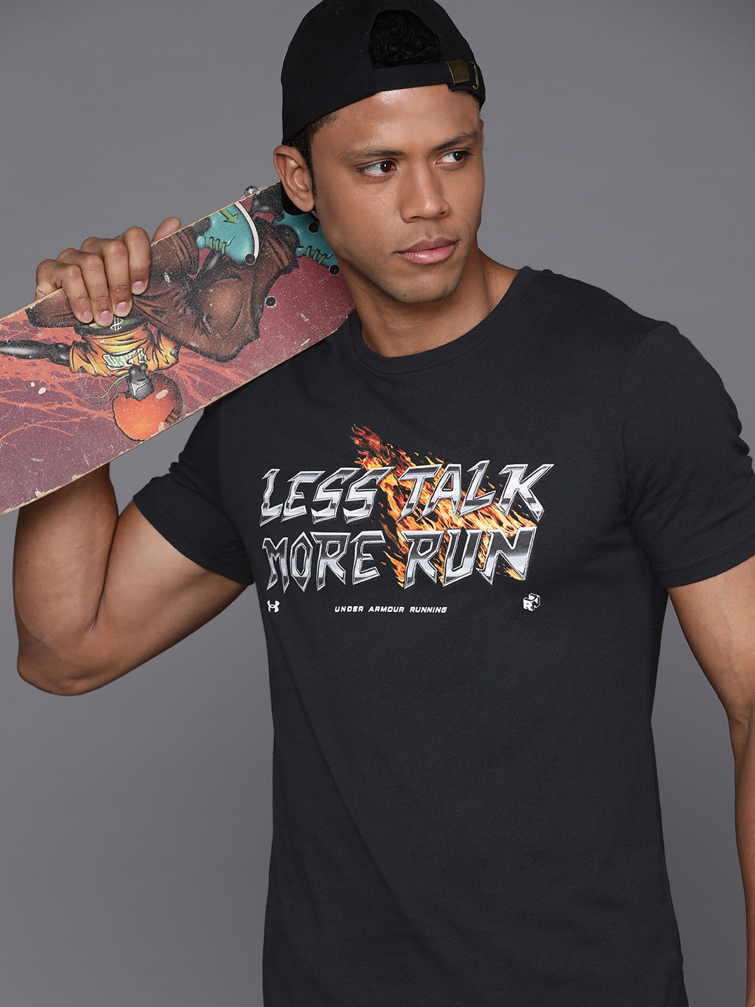 

UNDER ARMOUR Less Talk More Run Short Sleeve Typography Printed Slim Fit Running T-shirt, Black