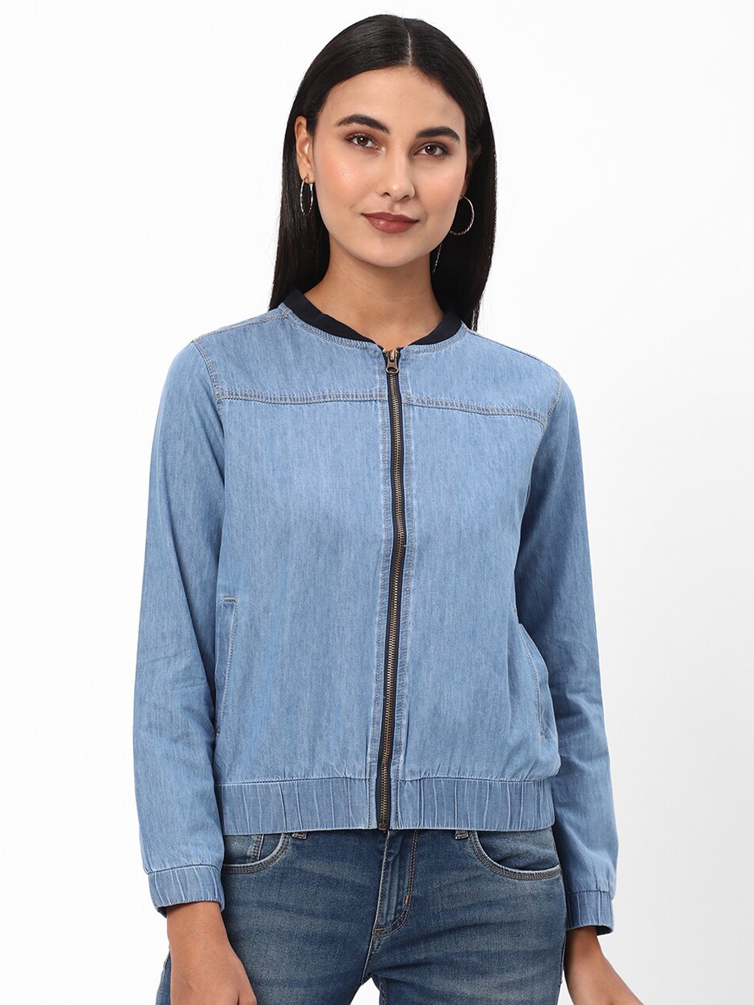 

R&B Stand Collar Cotton Denim Jacket, Blue