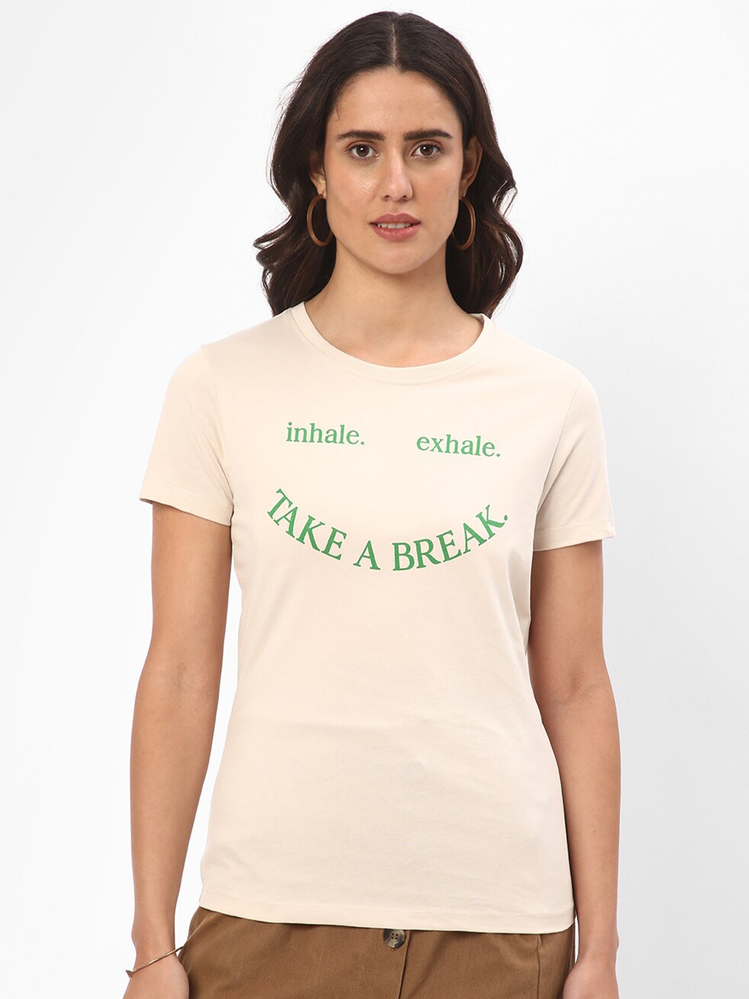 

R&B Typography Printed Cotton Top, Beige