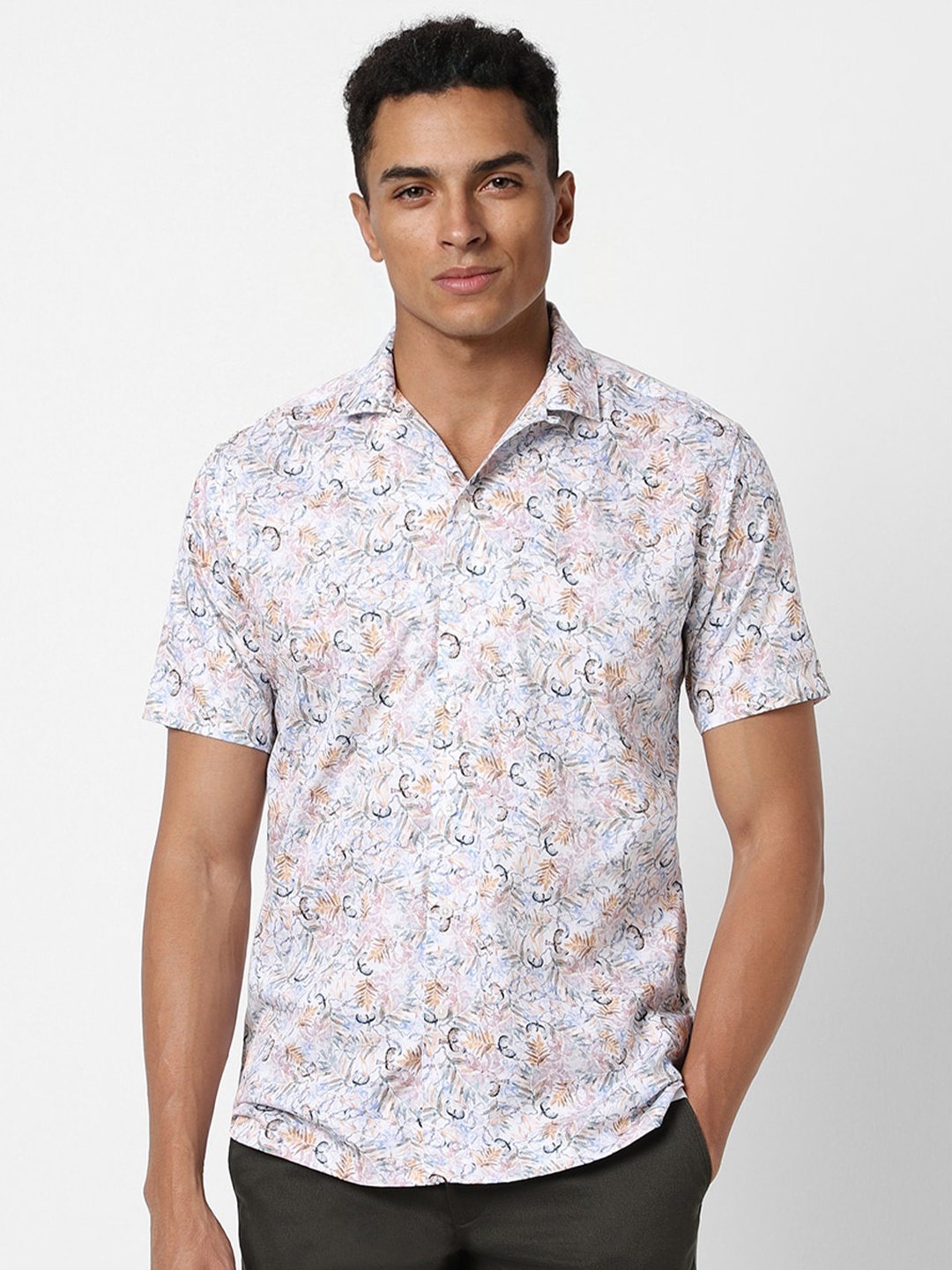 

V Dot Floral Printed Slim Fit Pure Cotton Casual Shirt, White