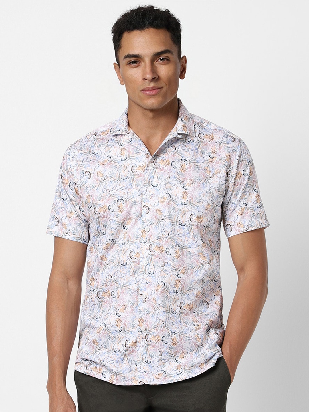 

V Dot Floral Printed Pure Cotton Slim Fit Shirt, White