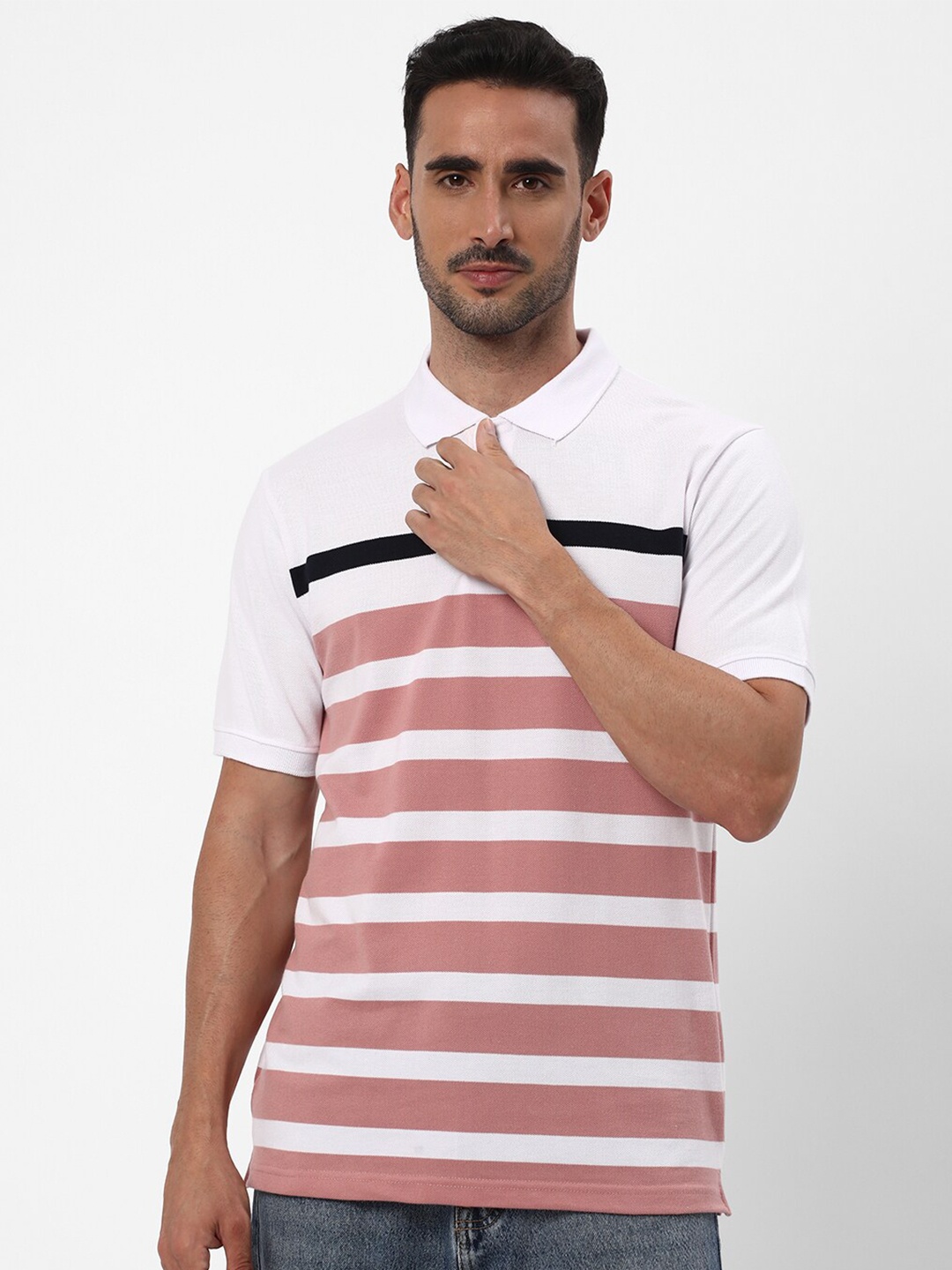 

R&B Striped Polo Collar Cotton T-shirt, Pink