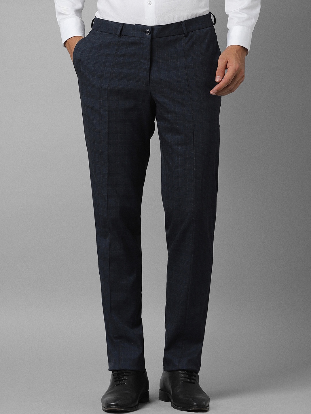 

Louis Philippe Men Checked Mid-rise Slim Fit Formal Trousers, Navy blue