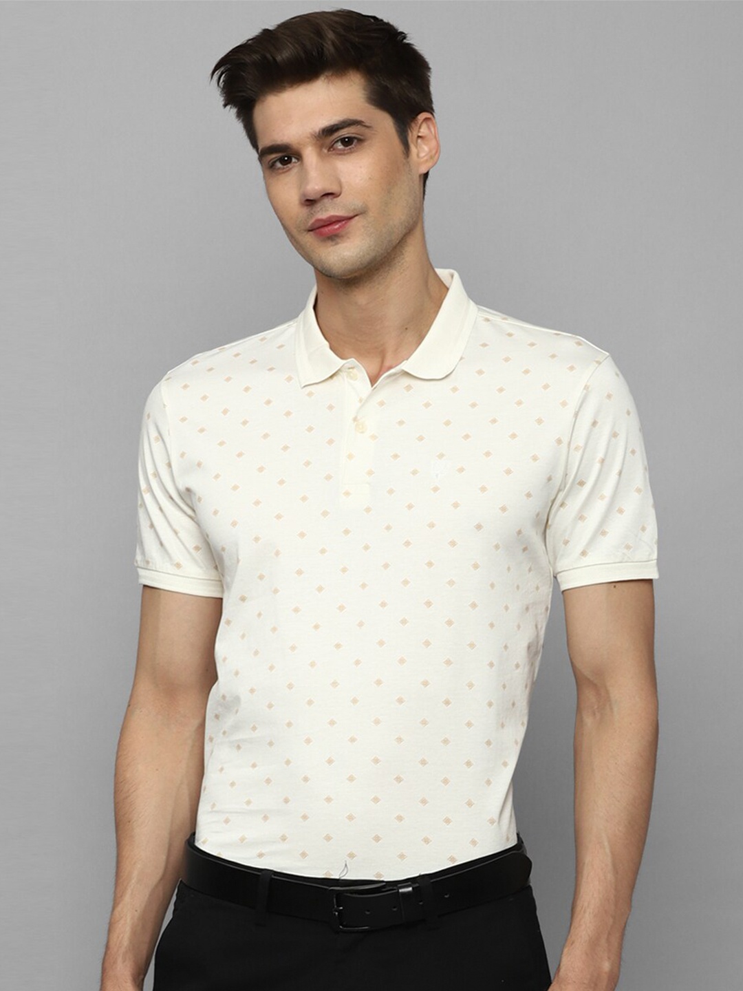 

Allen Solly Geometric Printed Polo Collar Knitted Pure Cotton Casual T-shirt, Cream