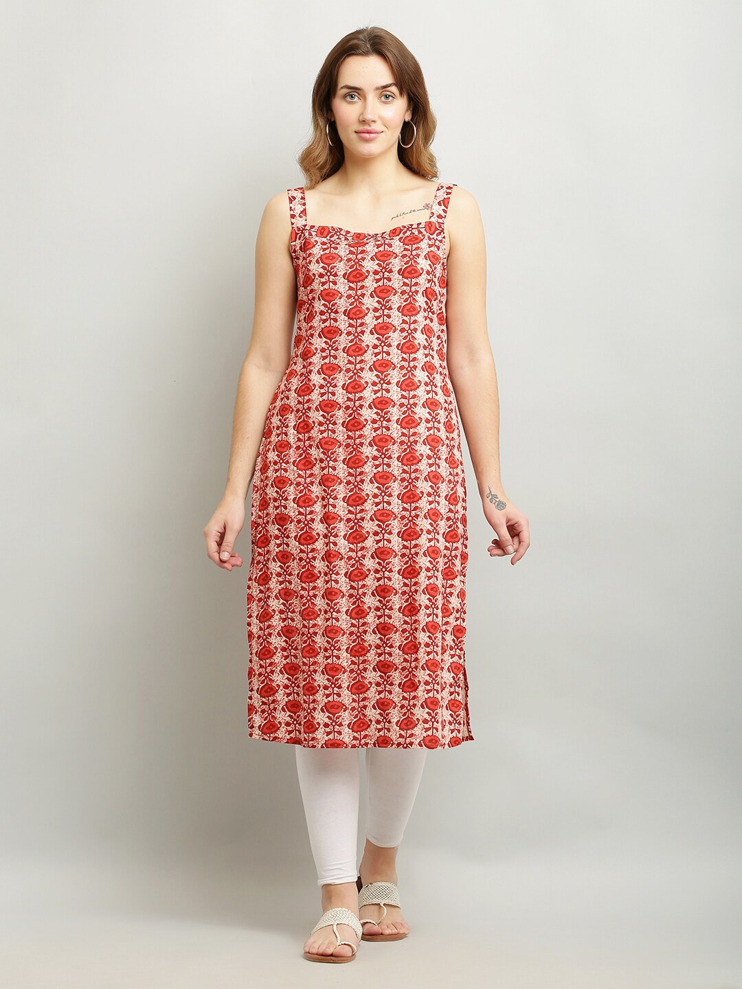 

Waahiba Floral Printed Gotta Patti Shoulder Straps Pure Cotton Kurta, Red