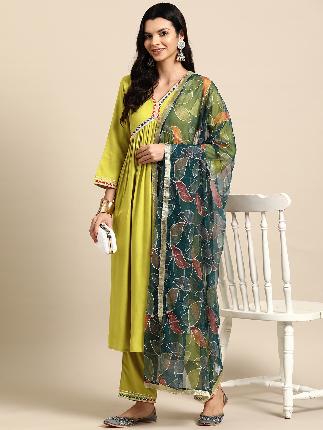 

anayna Women Pleated Gotta Patti Kurta with Trousers & With Dupatta, Lime green