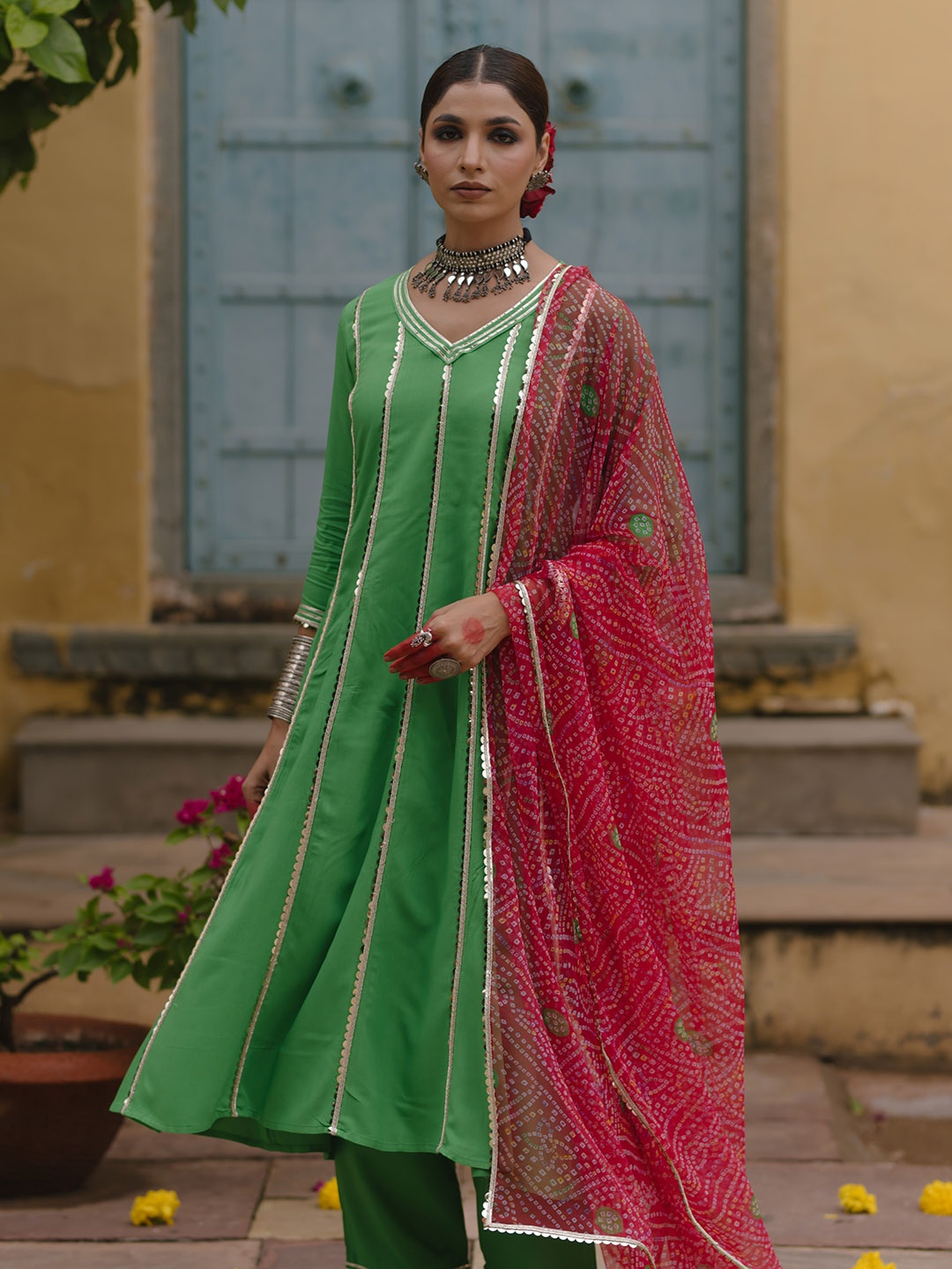 

anayna Women Striped Panelled Gotta Patti Kurta with Trousers & With Dupatta, Green