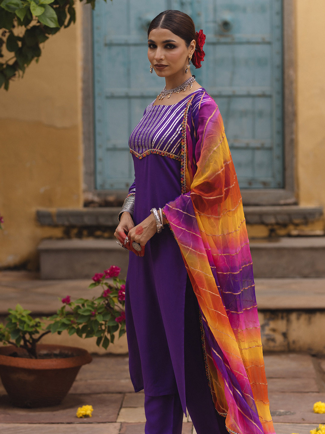 

anayna Women Yoke Design Regular Gotta Patti Kurta with Trousers & With Dupatta, Purple