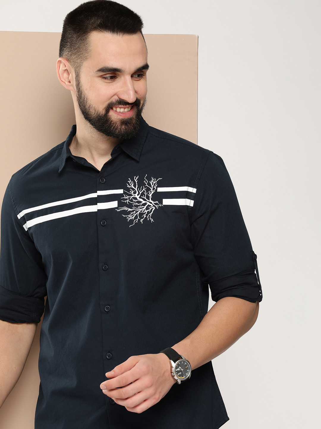 

HERE&NOW Men Slim Fit Horizontal Stripes Opaque Casual Shirt, Navy blue