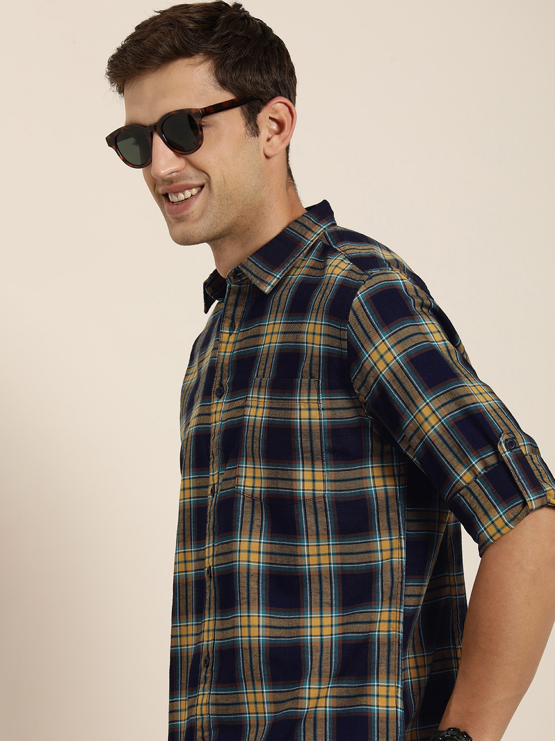 

HERE&NOW Men Slim Fit Checked Casual Shirt, Navy blue
