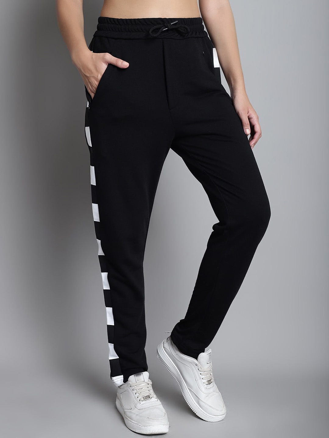 

DOOR74 Women Striped Mid-Rise Cotton Joggers, Black