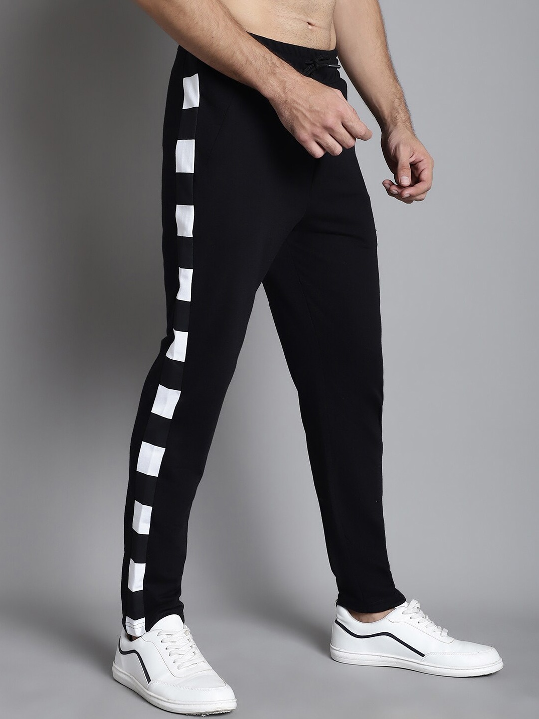 

DOOR74 Men Mid-Rise Side Printed Cotton Joggers, Black