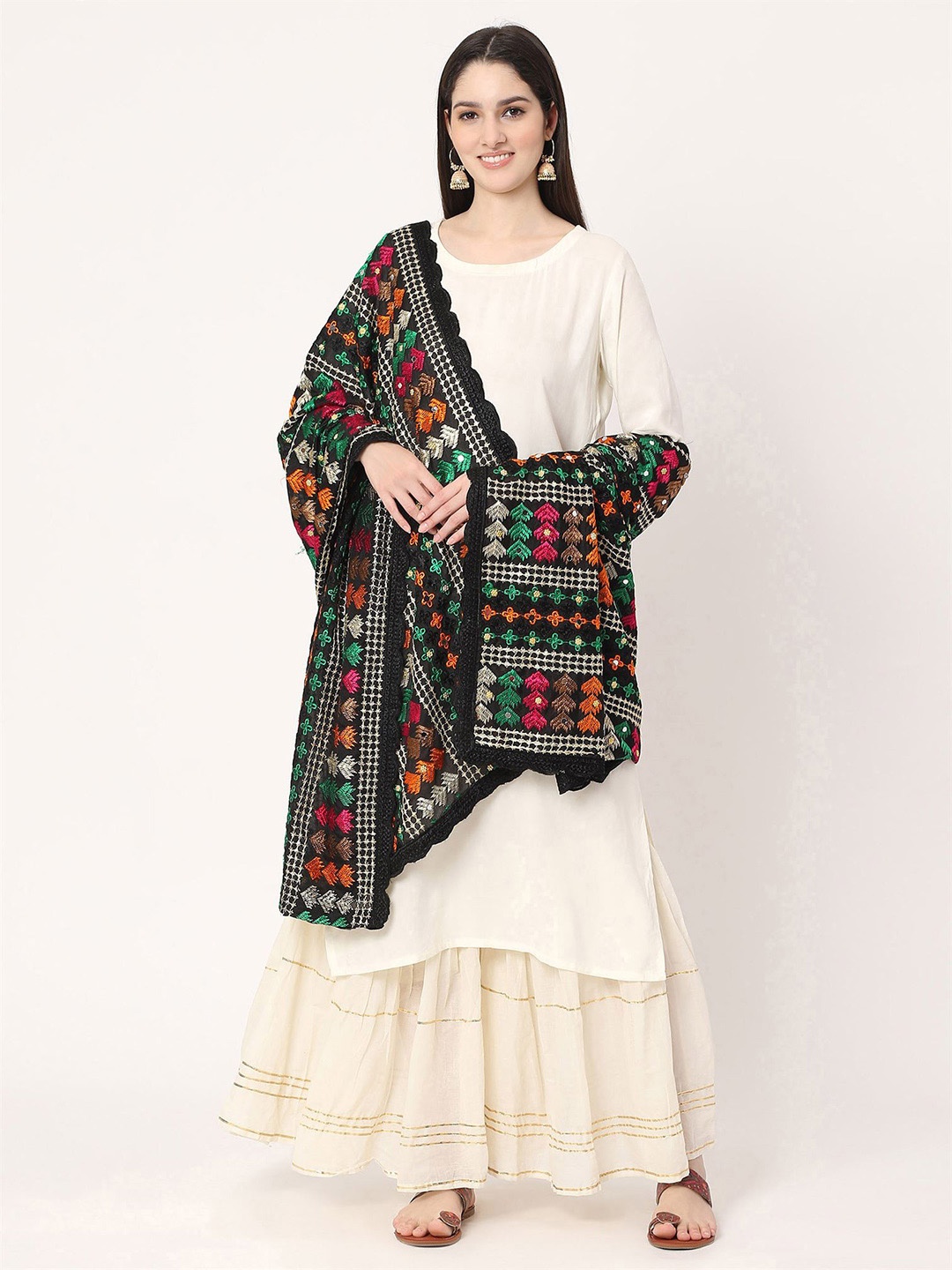 

Moda Chales Floral Embroidered Dupatta with Mirror Work, Black