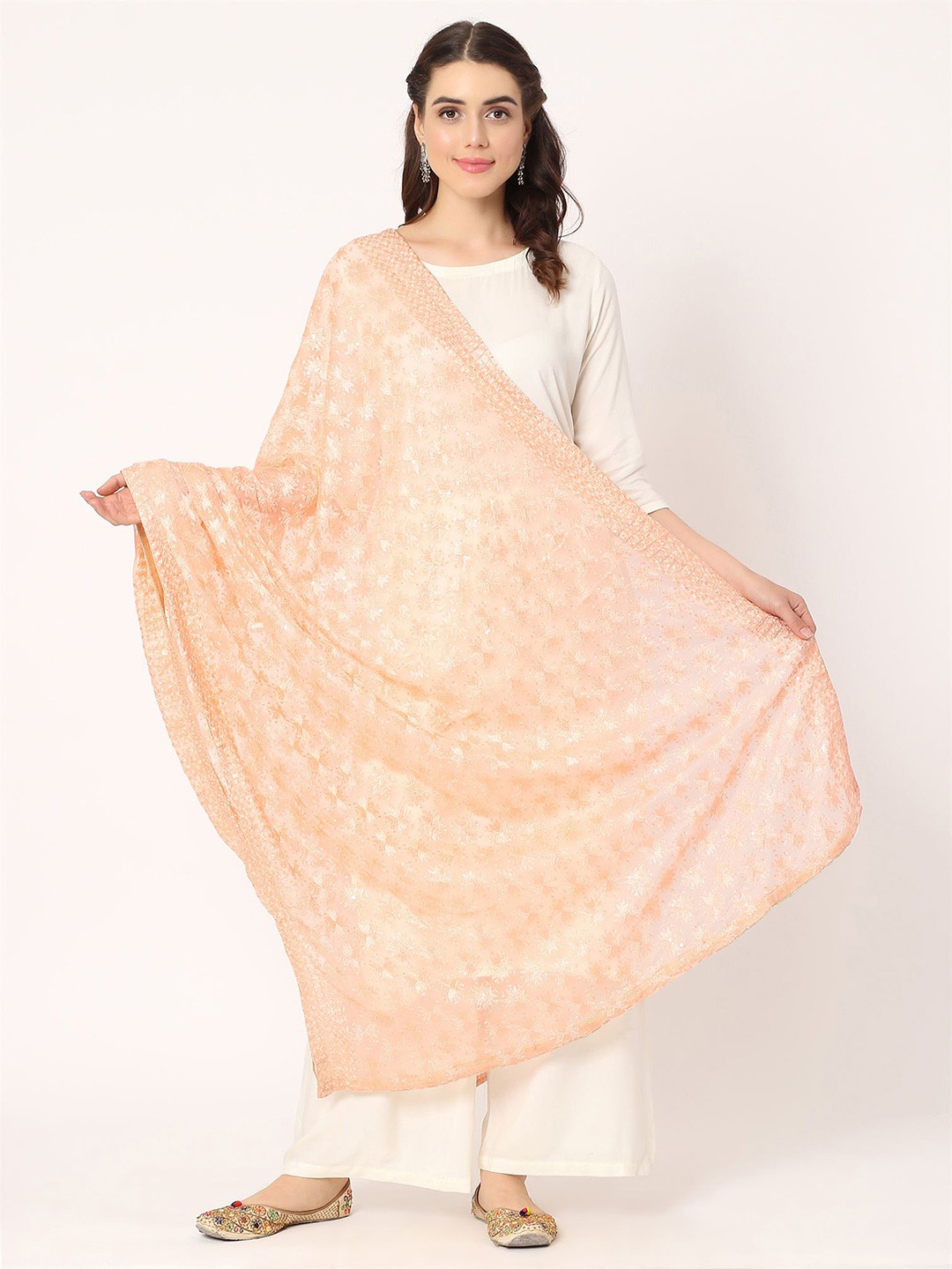 

Moda Chales Ethnic Motifs Embroidered Phulkari Dupatta, Peach