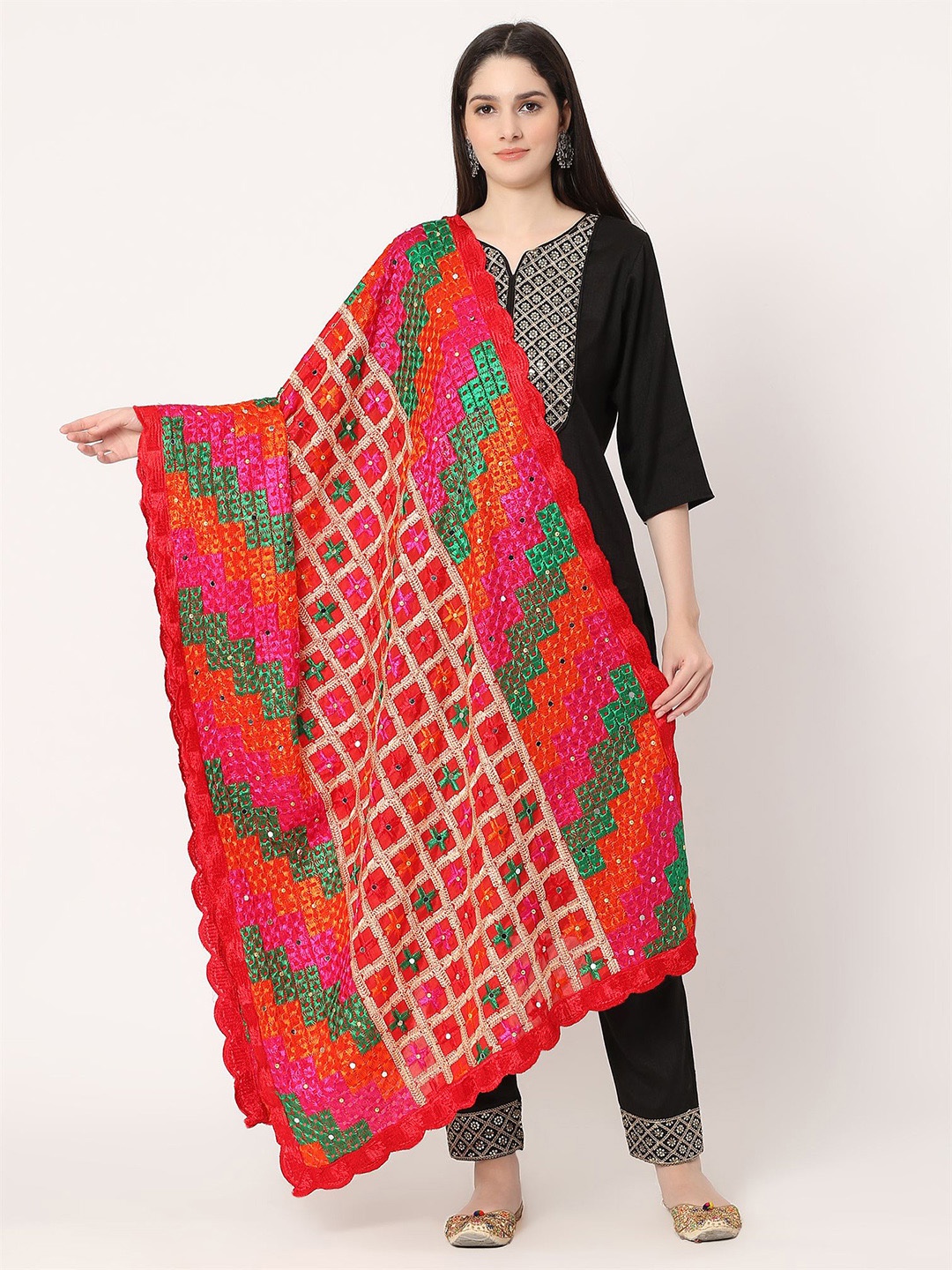 

Moda Chales Ethnic Motifs Embroidered Mirror Work Phulkari Chiffon Dupatta, Red