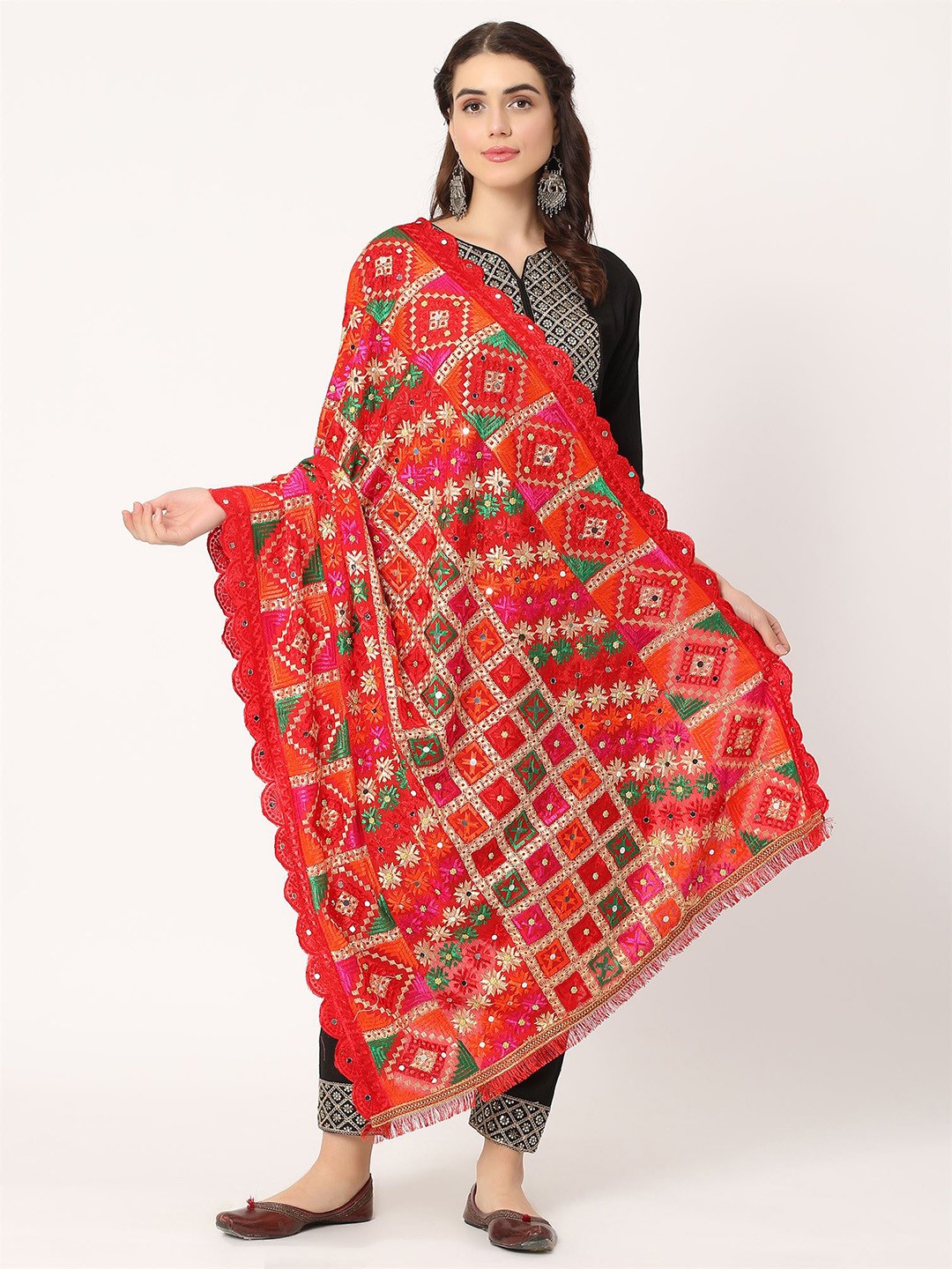 

Moda Chales Ethnic Motifs Embroidered Phulkari Chiffon Dupatta, Red