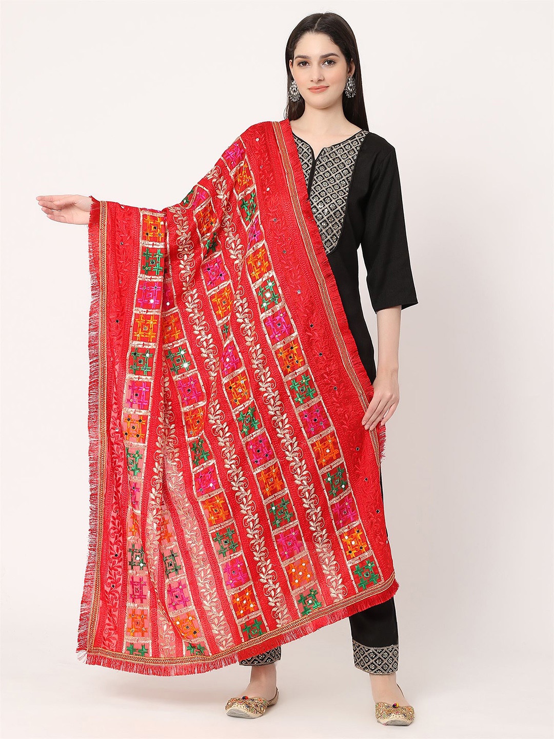 

Moda Chales Geometric Embroidered Mirror Work Phulkari Dupatta, Red