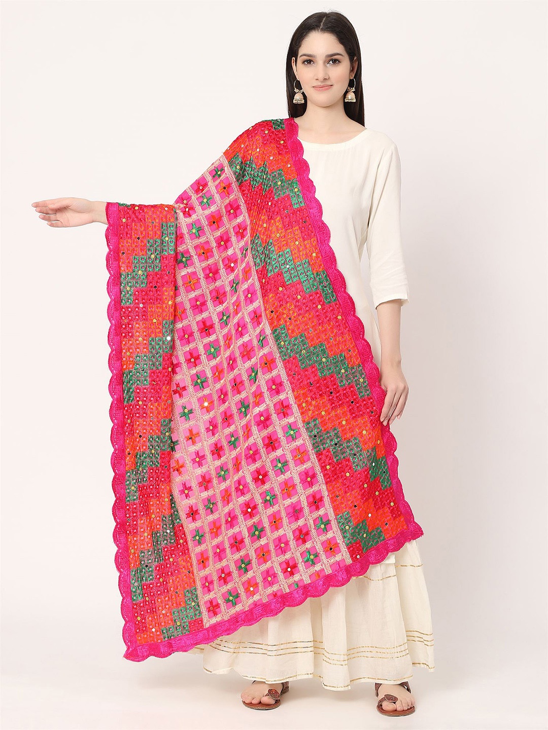 

Moda Chales Geometric Embroidered Dupatta with Mirror Work, Magenta