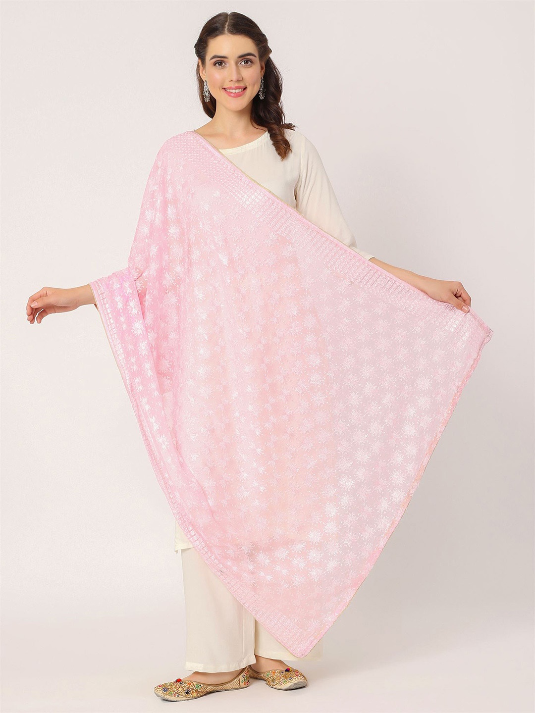 

Moda Chales Ethnic Motifs Embroidered Phulkari Dupatta, Pink