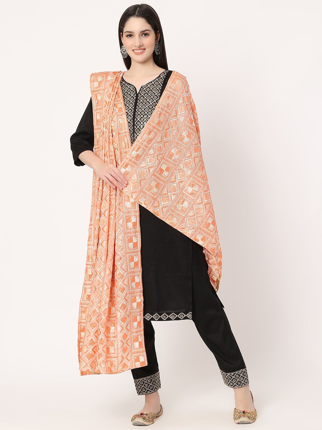 

Moda Chales Ethnic Motifs Embroidered Chiffon Dupatta With Phulkari, Peach
