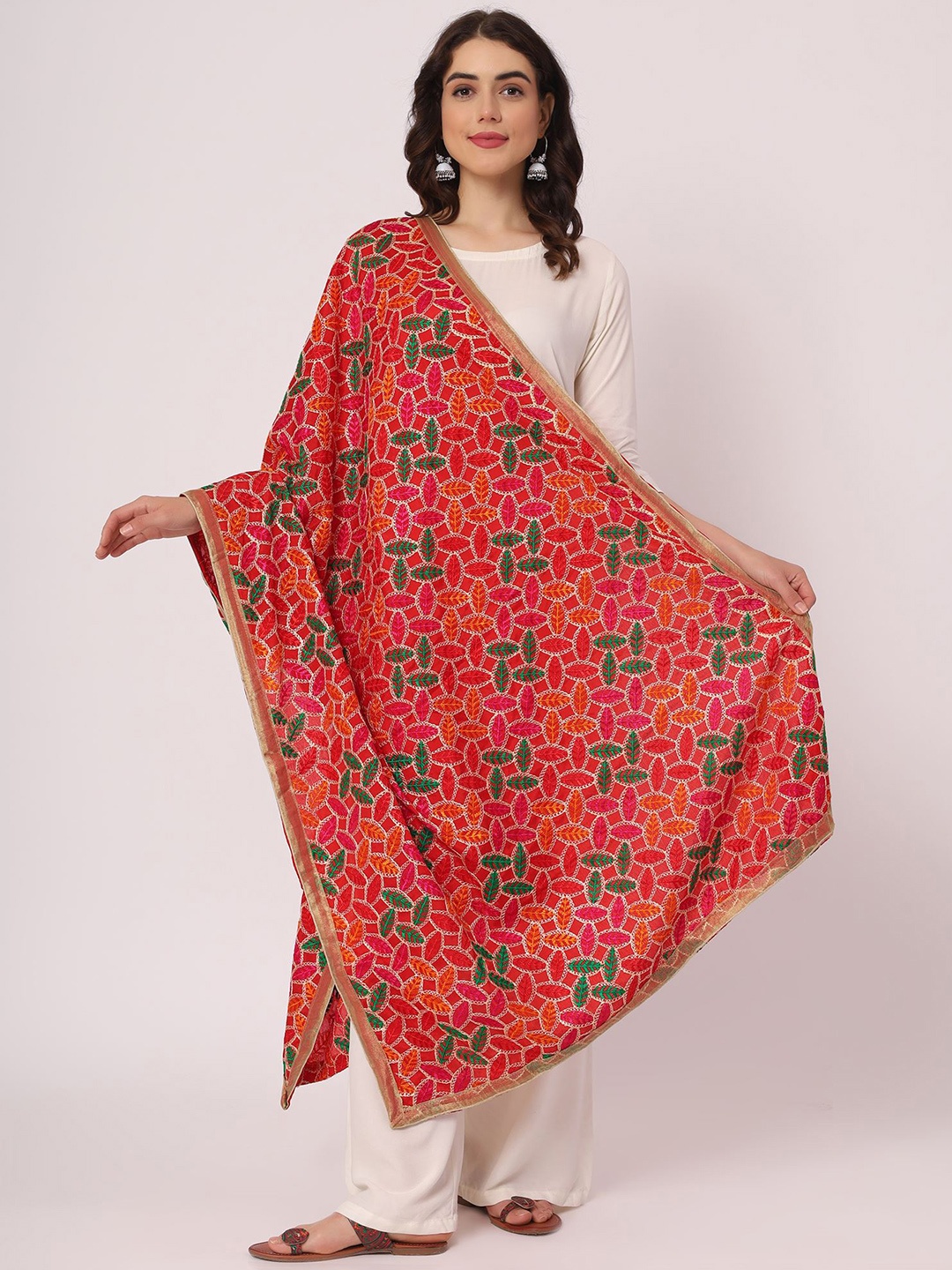 

Moda Chales Floral Embroidered Phulkari Chiffon Dupatta, Red
