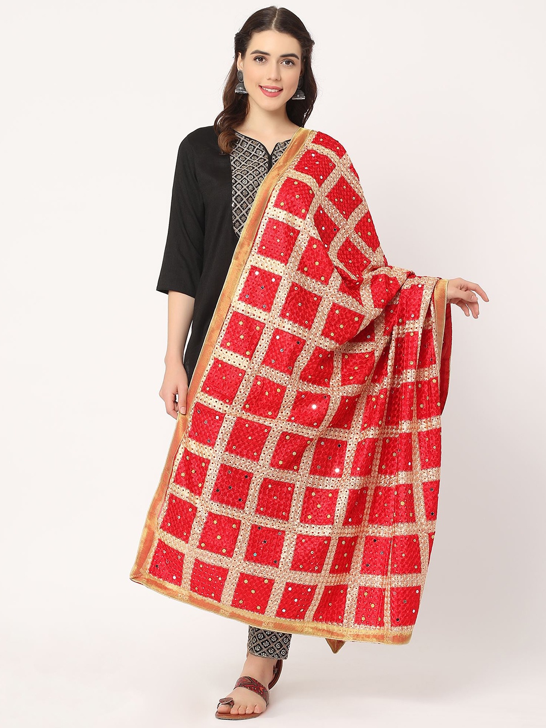 

Moda Chales Phulkari Embroidered Dupatta, Red