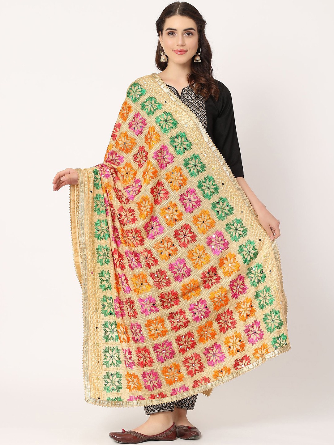 

Moda Chales Ethnic Motifs Embroidered Phulkari Chiffon Dupatta, Beige