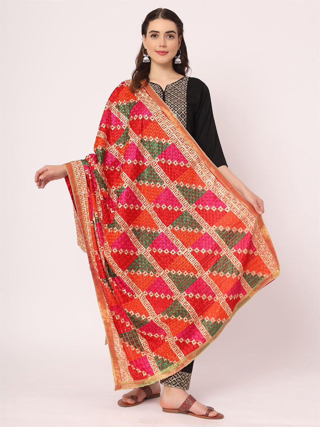 

Moda Chales Geometric Embroidered Phulkari Dupatta, Red