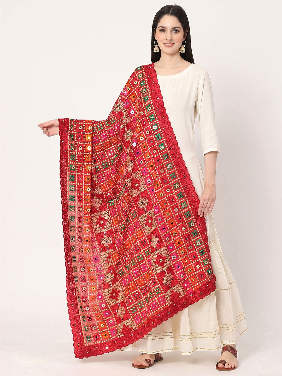 

Moda Chales Ethnic Motifs Embroidered Phulkari Chiffon Dupatta, Maroon