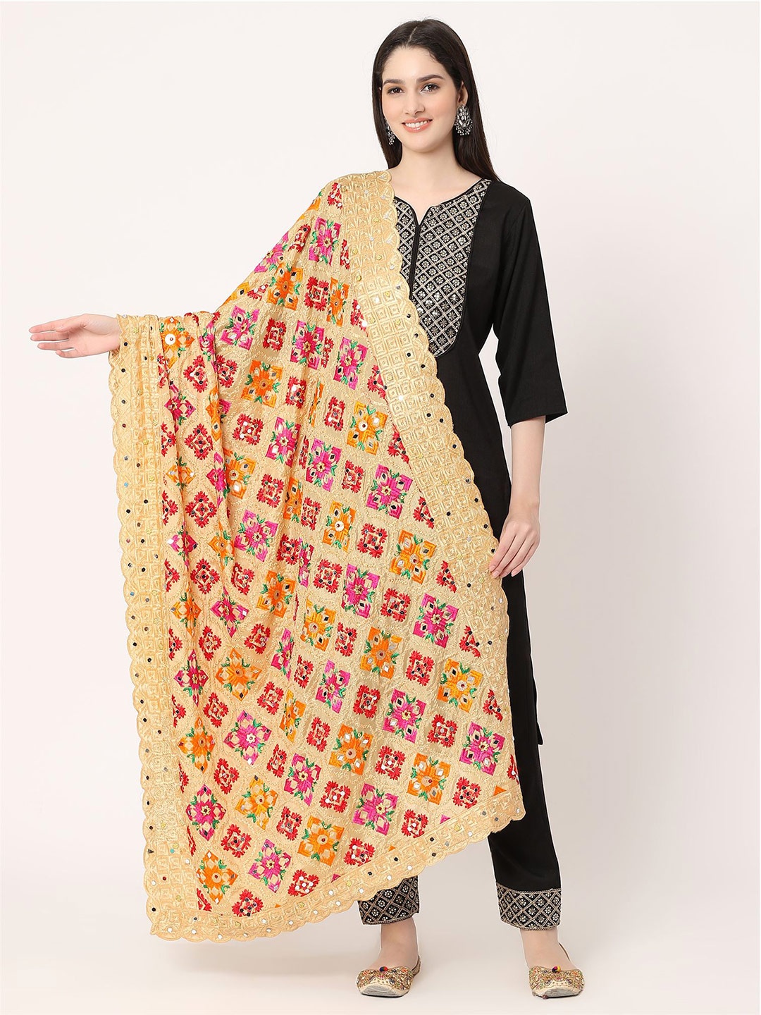 

Moda Chales Ethnic Motifs Embroidered Phulkari Dupatta, Beige