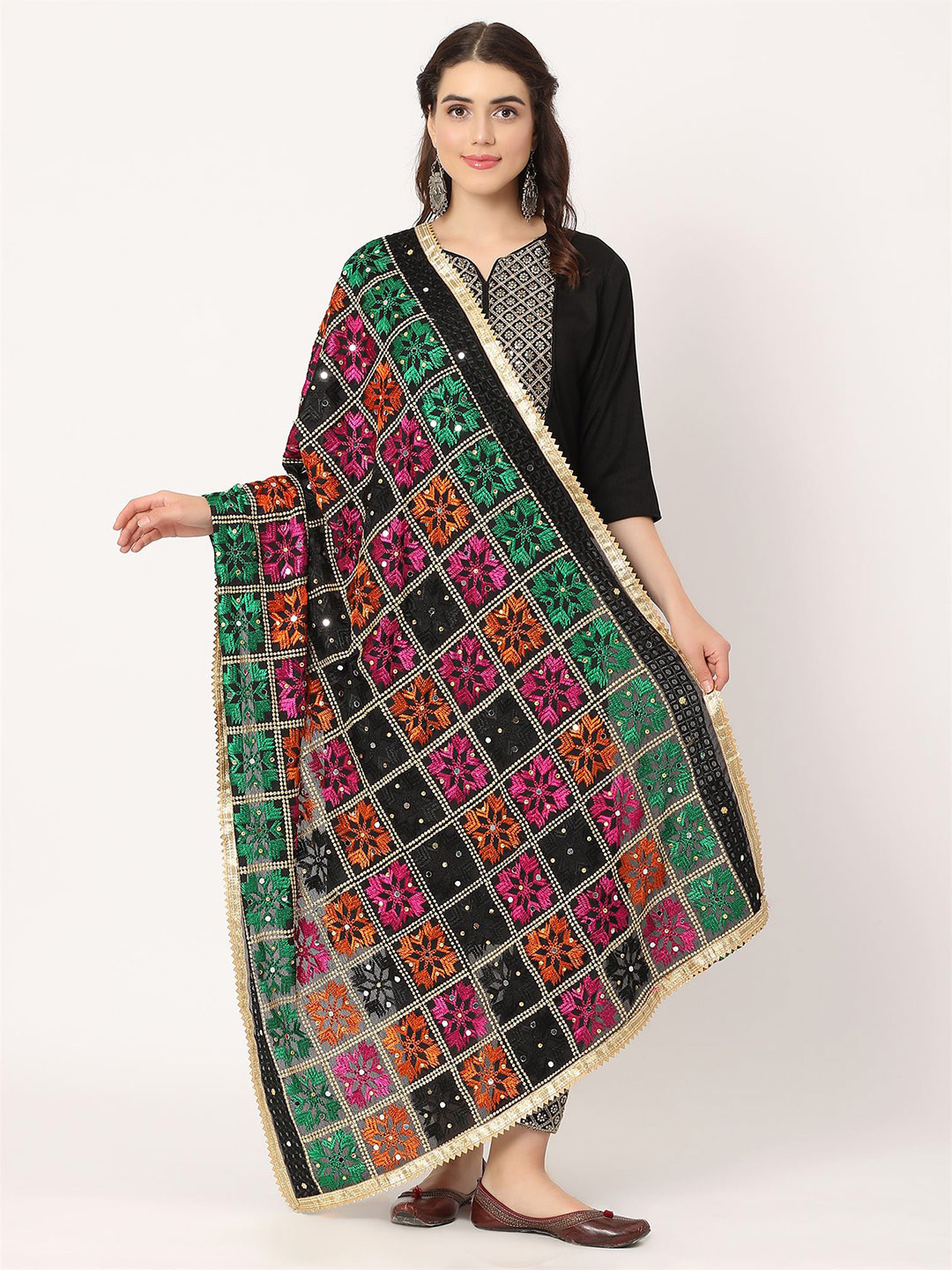 

Moda Chales Ethnic Motifs Embroidered Dupatta with Phulkari, Black