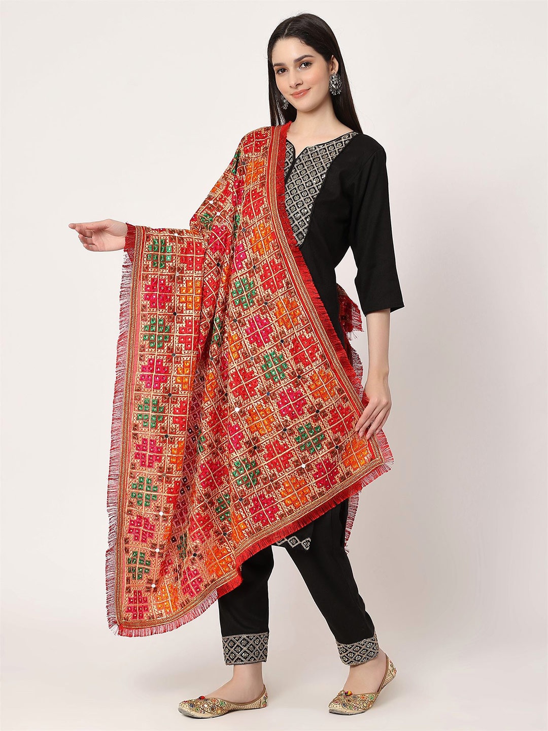 

Moda Chales Ethnic Motifs Embroidered Mirror Work Chiffon Dupatta With Phulkari, Maroon
