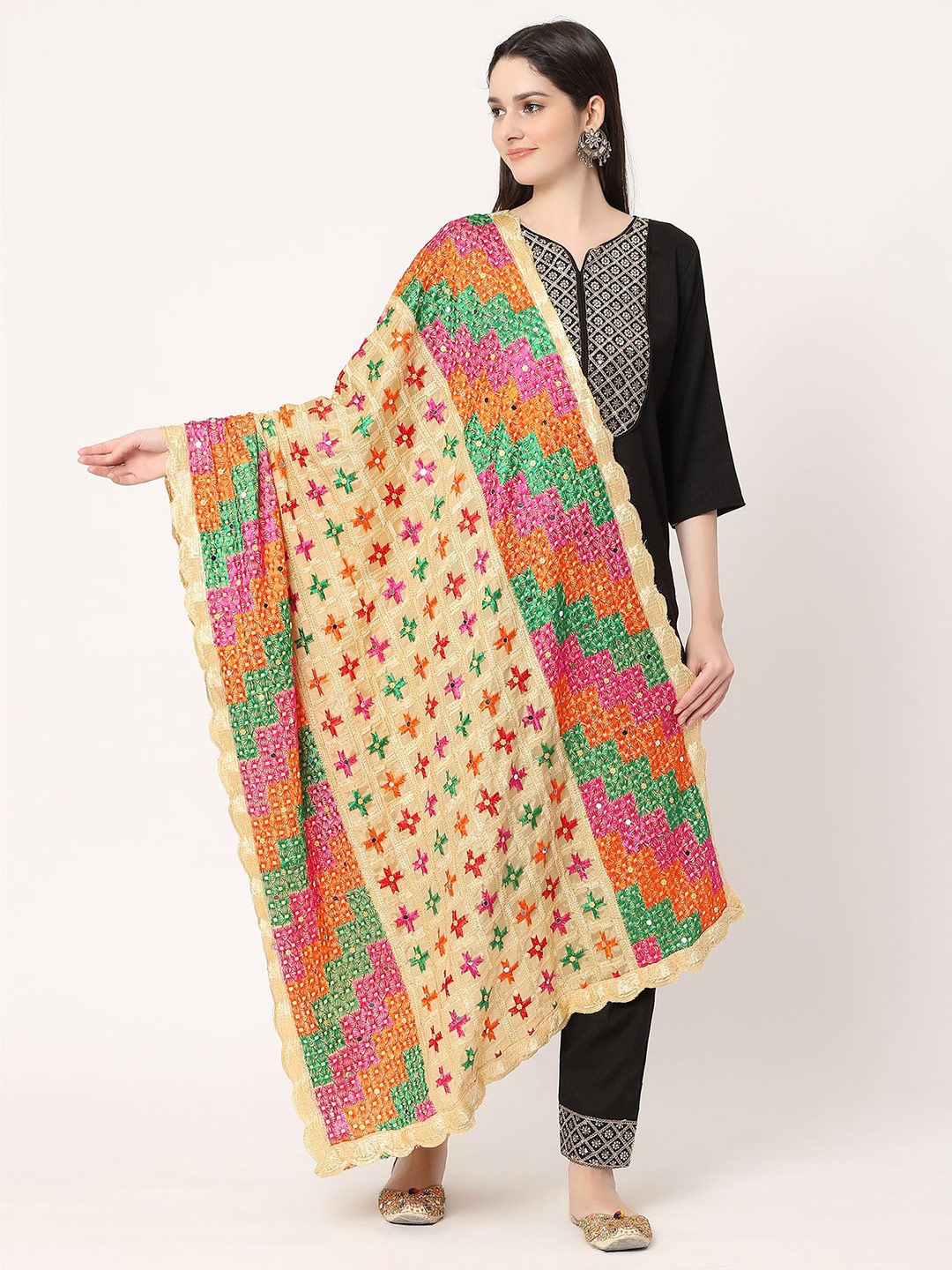 

Moda Chales Phulkari Embroidered Mirror Work Dupatta, Beige