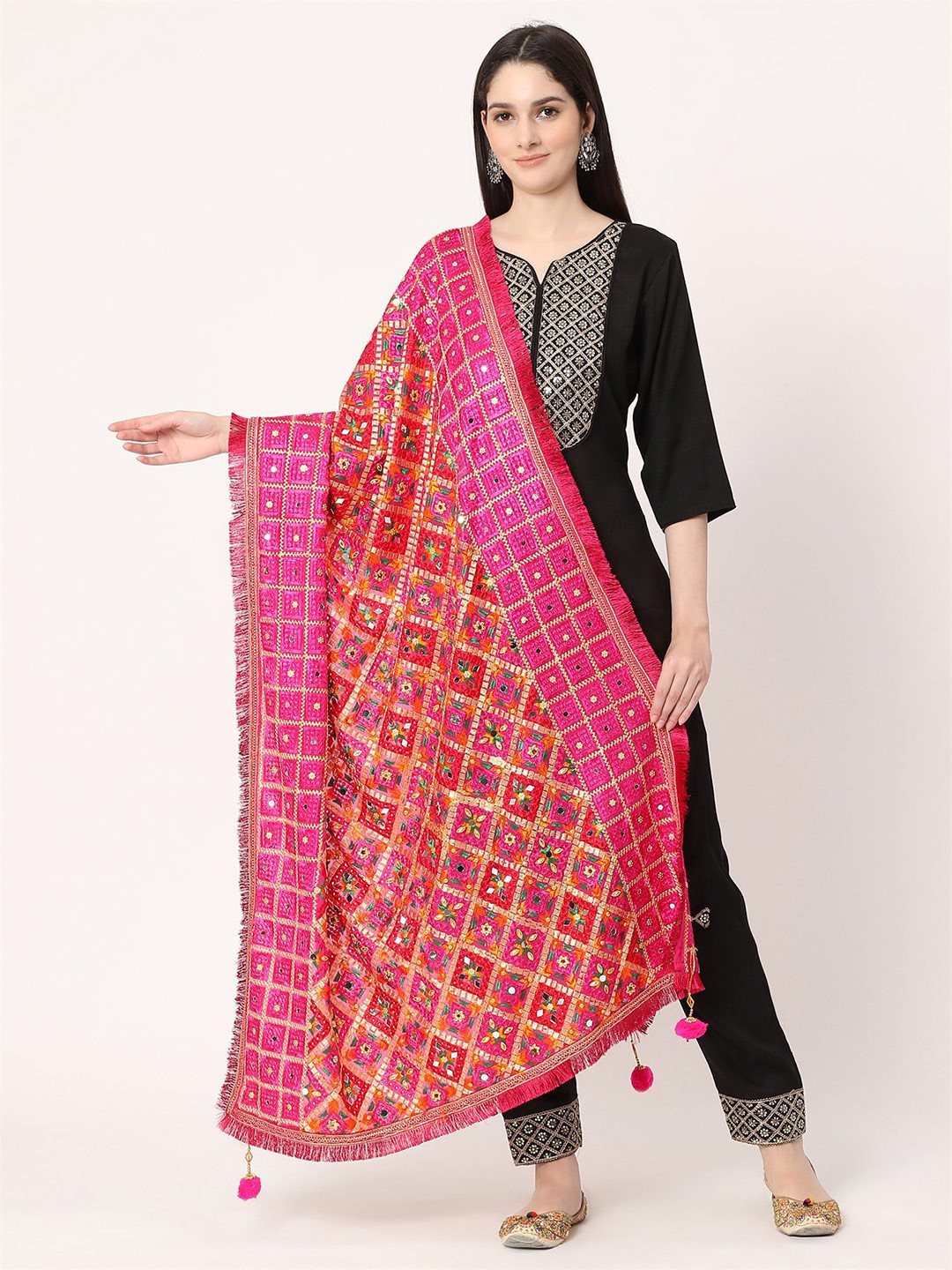 

Moda Chales Ethnic Motifs Embroidered Mirror Work Phulkari Chiffon Dupatta, Pink
