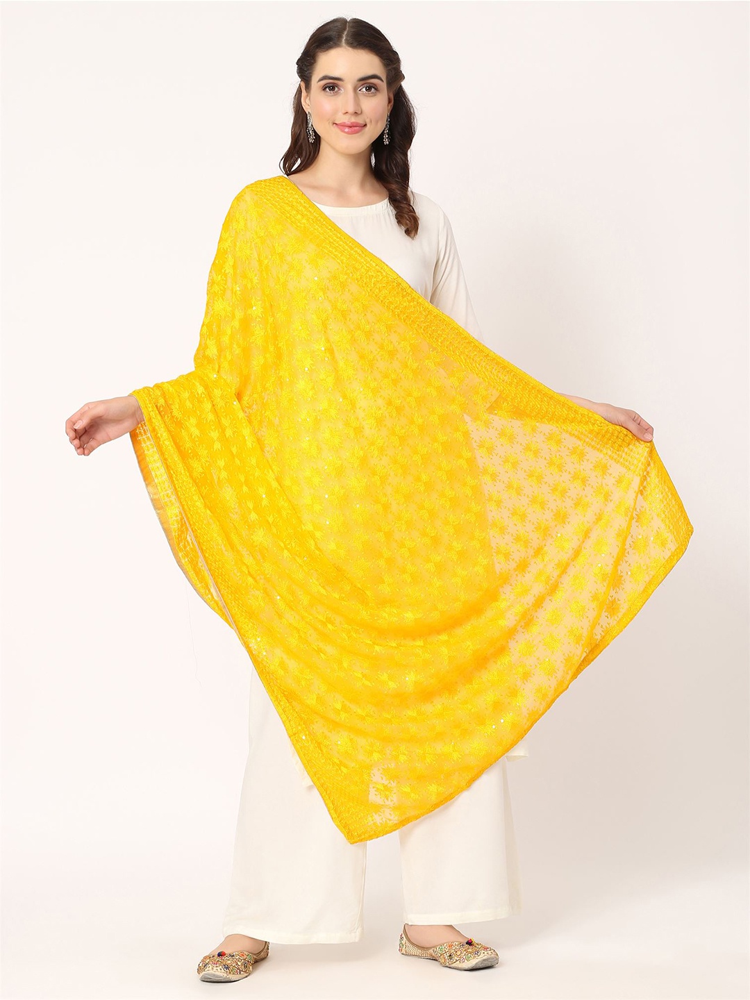 

Moda Chales Ethnic Motif Embroidered Sequined Dupatta With Phulkari, Yellow