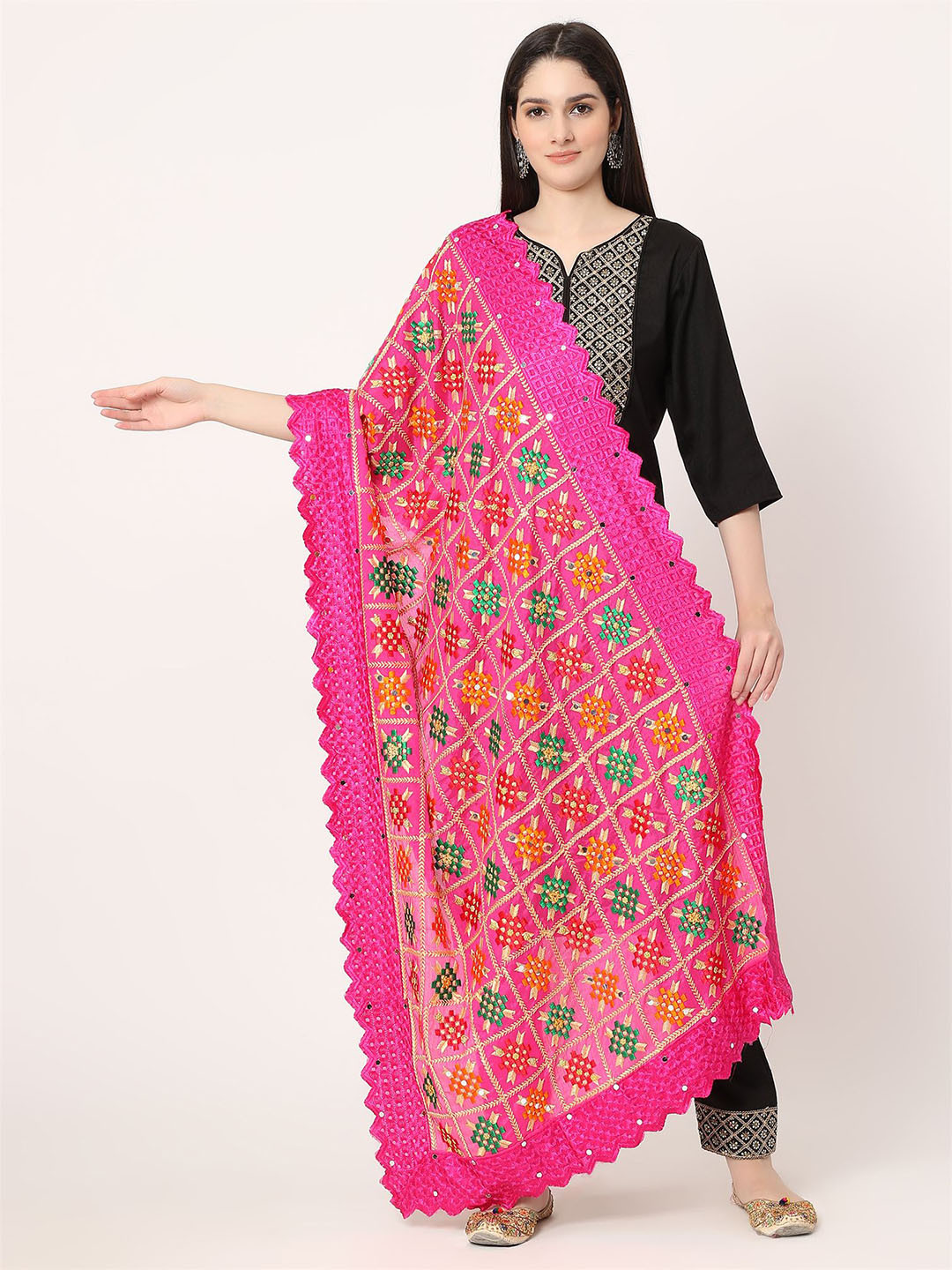 

Moda Chales Floral Embroidered Dupatta with Phulkari, Magenta