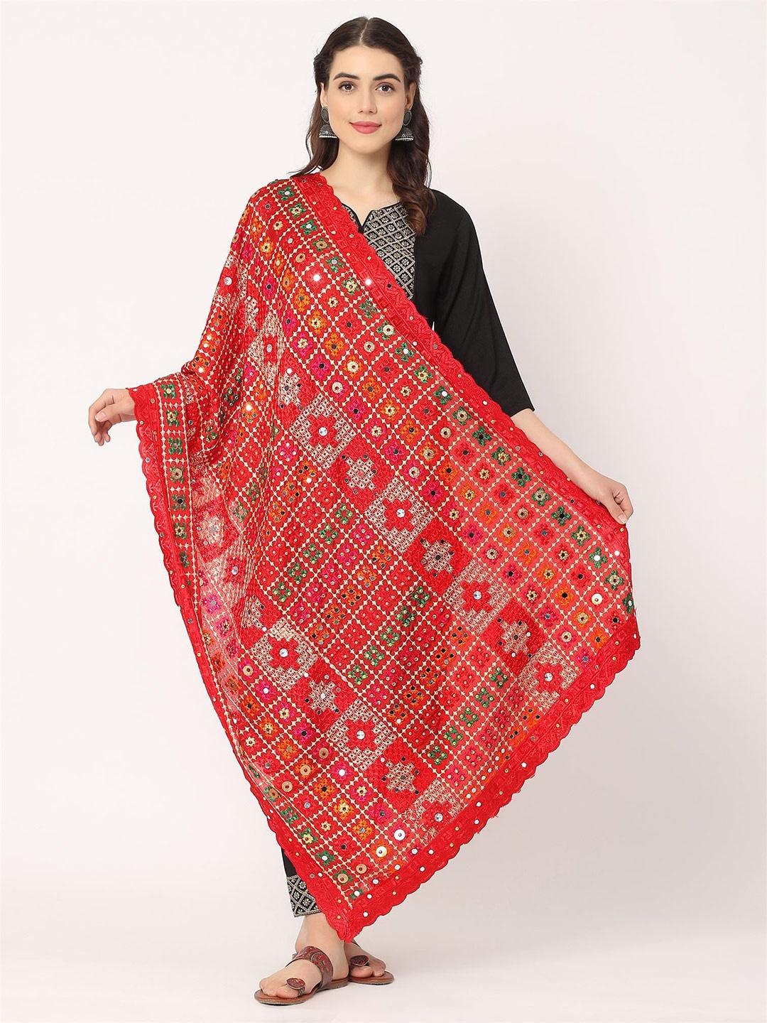 

Moda Chales Geometric Embroidered Mirror Work Phulkari Dupatta, Red