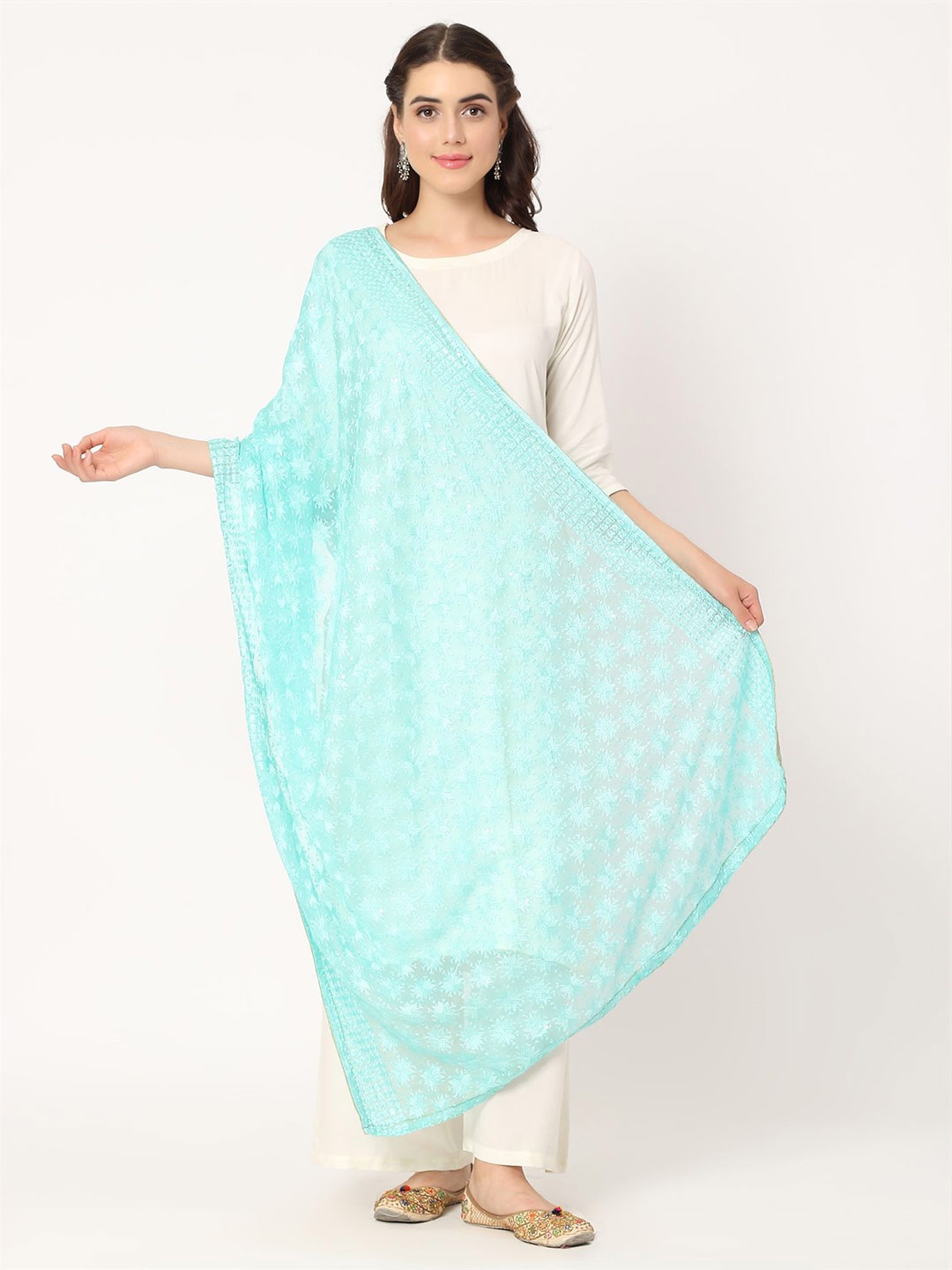 

Moda Chales Floral Embroidered Dupatta with Phulkari, Sea green