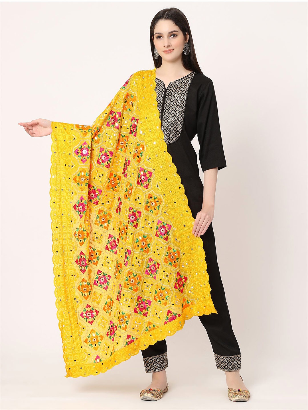 

Moda Chales Ethnic Motifs Embroidered Phulkari Chiffon Dupatta, Yellow
