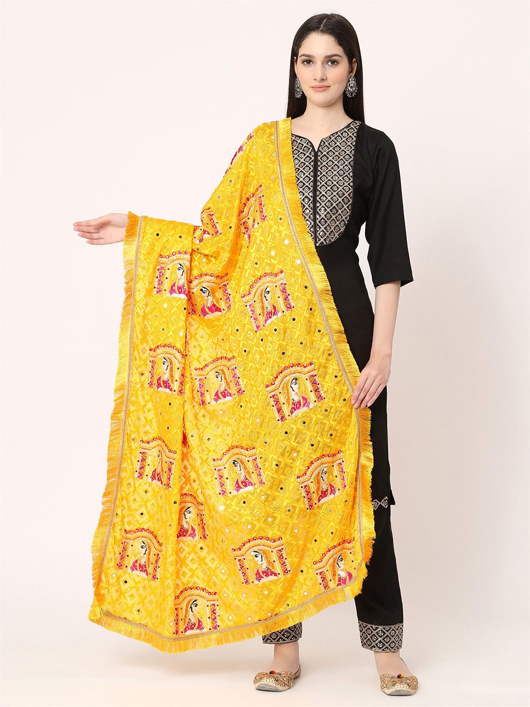 

Moda Chales Floral Embroidered Dupatta With Phulkari, Yellow