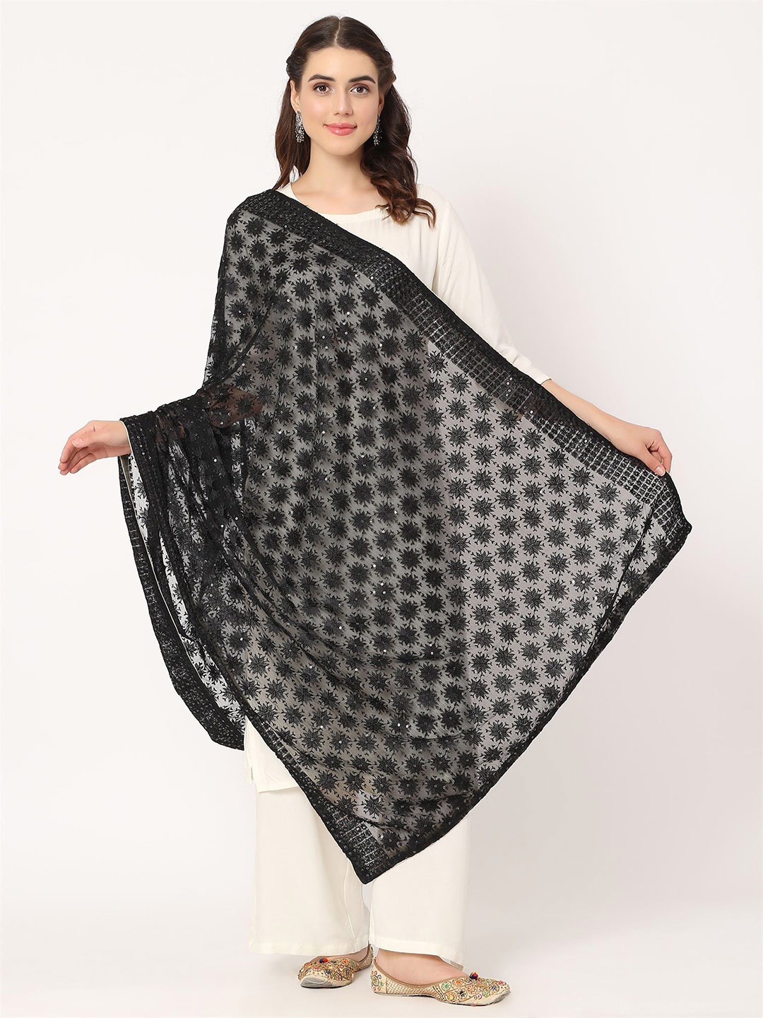 

Moda Chales Geometric Embroidered Dupatta With Sequinned, Black