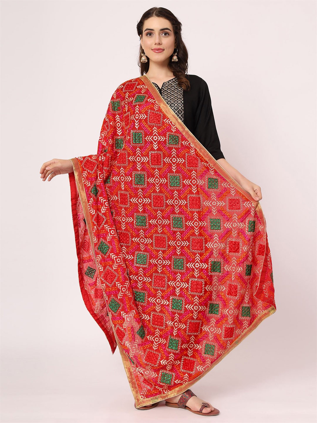 

Moda Chales Geometric Embroidered Dupatta With Phulkari, Red