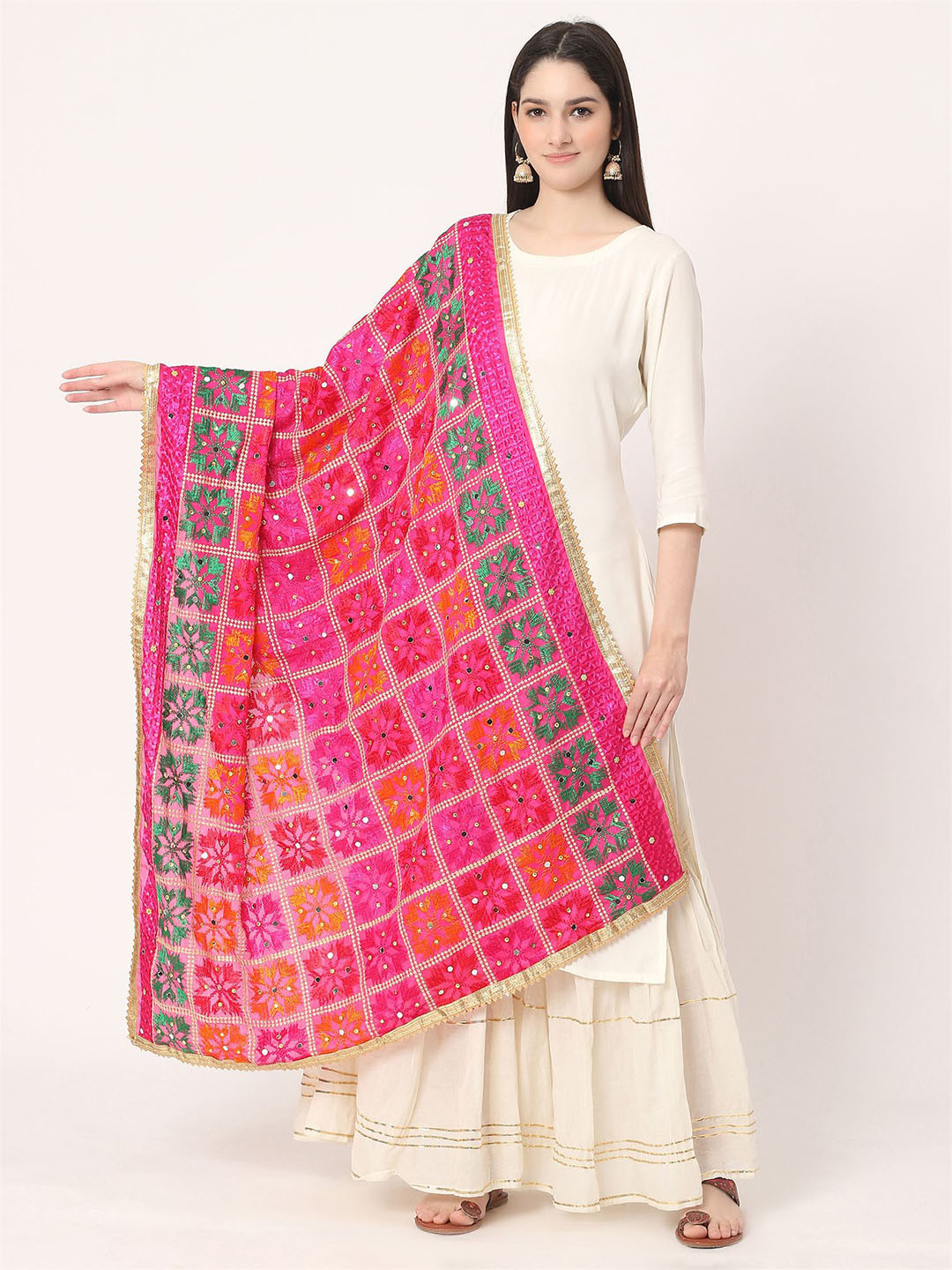 

Moda Chales Ethnic Motifs Embroidered Phulkari Chiffon Dupatta, Pink