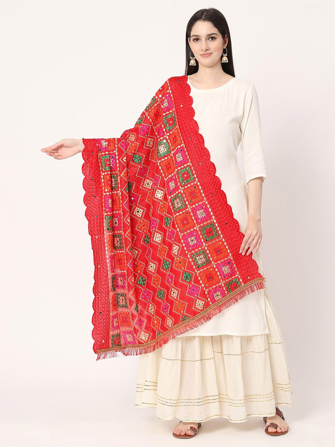 

Moda Chales Ethnic Motif Embroidered Dupatta With Phulkari, Red